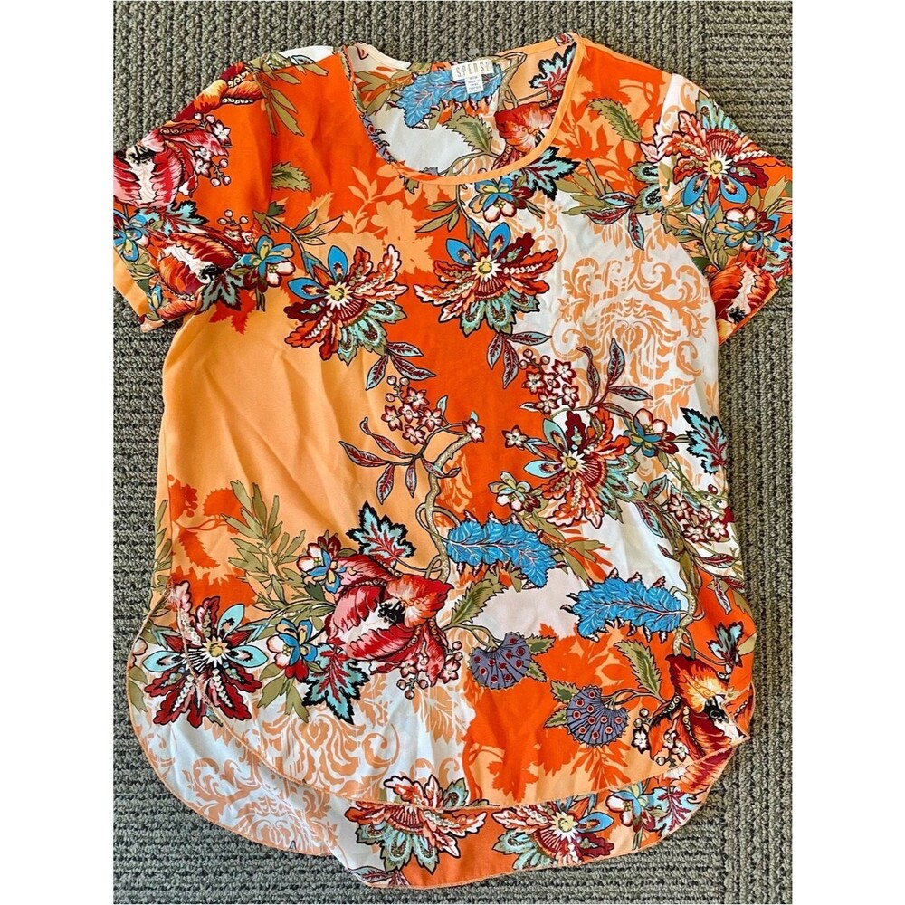 Spense Orange Floral Short Sleeve Scoop Neck Blouse
